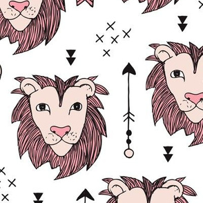 Cool scandinavian style lion and arrows safari animals kids illustration geometric pattern in beige and pink