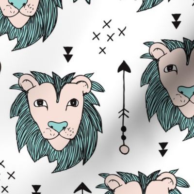 Cool scandinavian style lion tiger and arrows safari animals kids illustration geometric pattern in beige and mint