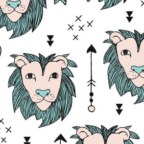 Cool scandinavian style lion tiger and arrows safari animals kids illustration geometric pattern in beige and mint