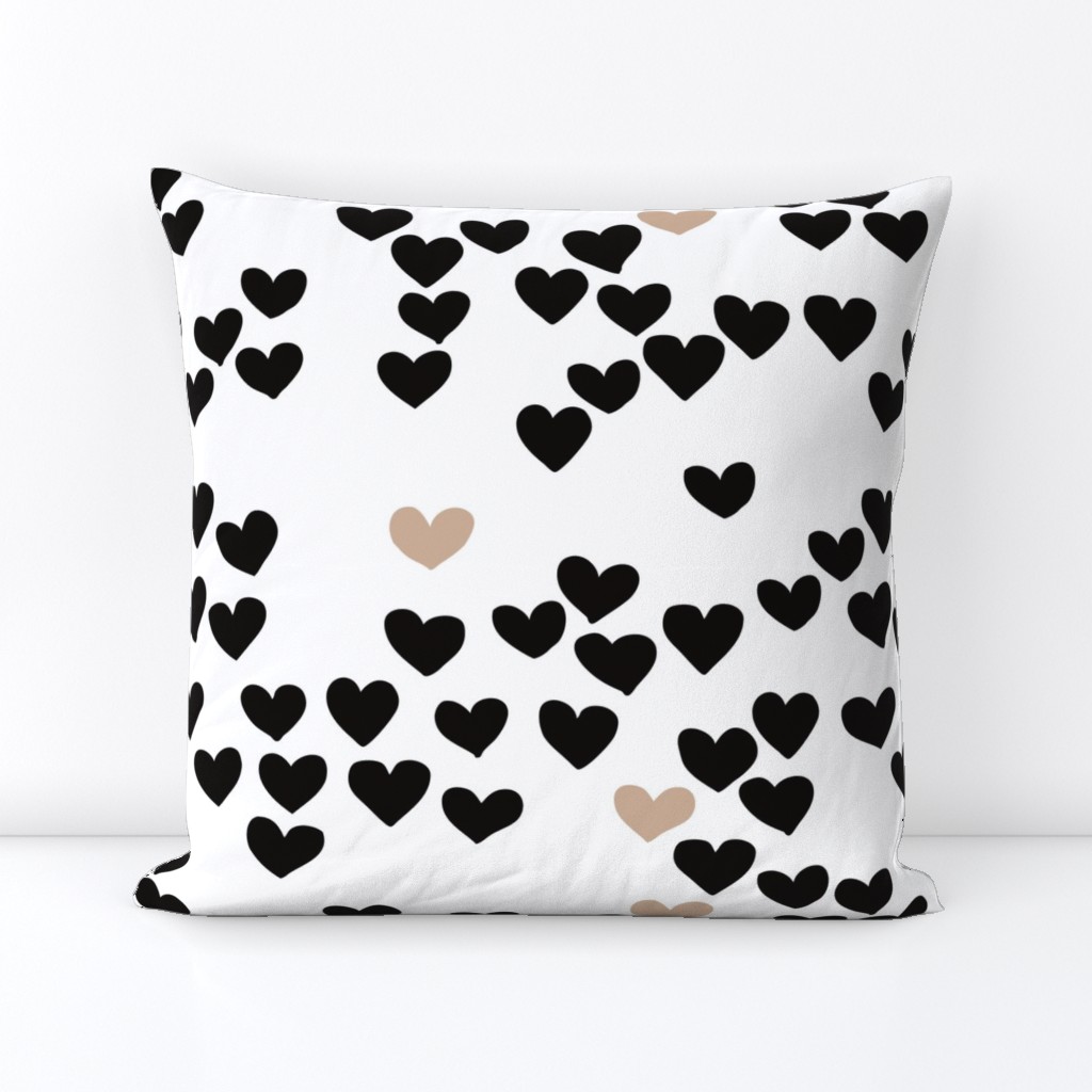 Pastel love hearts tossed hand drawn illustration pattern scandinavian style in neutral black and white ochre