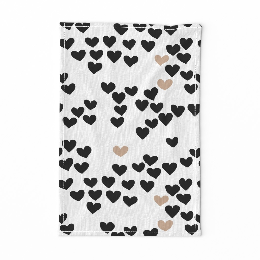 Pastel love hearts tossed hand drawn illustration pattern scandinavian style in neutral black and white ochre