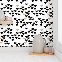 Pastel love hearts tossed hand drawn illustration pattern scandinavian style in neutral black and white ochre