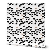 Pastel love hearts tossed hand drawn illustration pattern scandinavian style in neutral black and white ochre