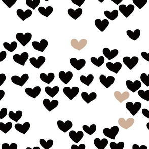 Pastel love hearts tossed hand drawn illustration pattern scandinavian style in neutral black and white ochre