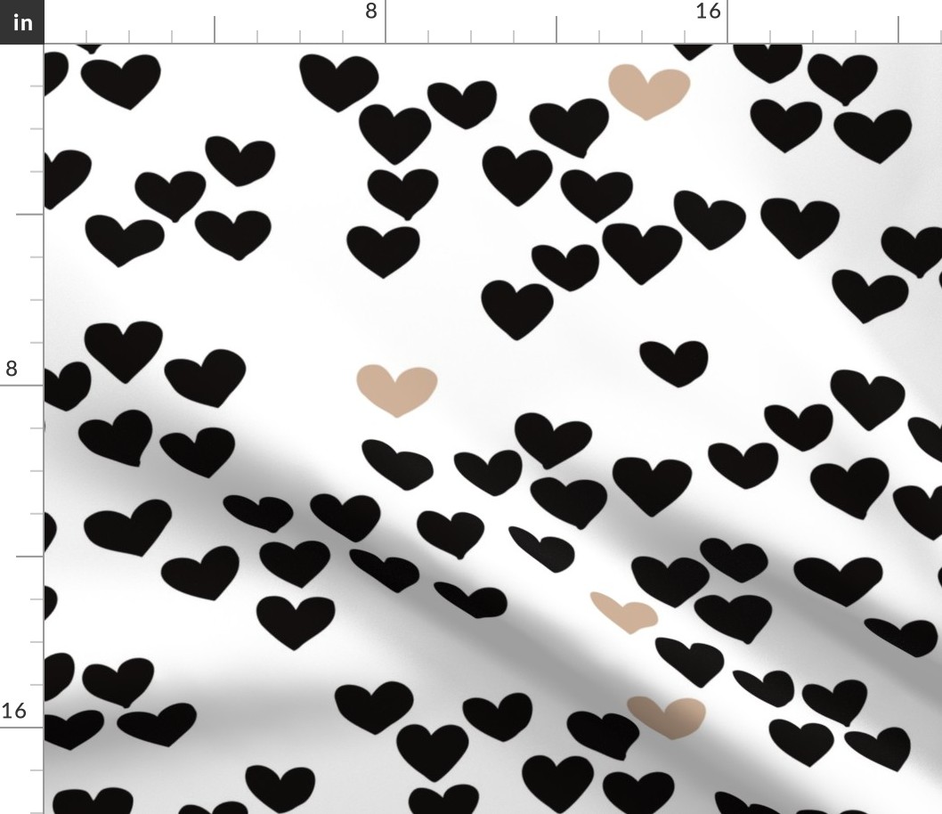 Pastel love hearts tossed hand drawn illustration pattern scandinavian style in neutral black and white ochre