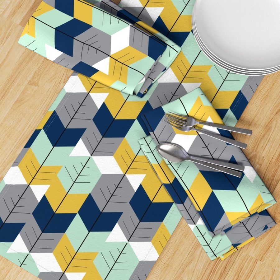 Feather Arrow Herringbone - Navy, Mustard, Grey Mint