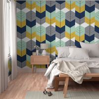 Feather Arrow Herringbone - Navy, Mustard, Grey Mint