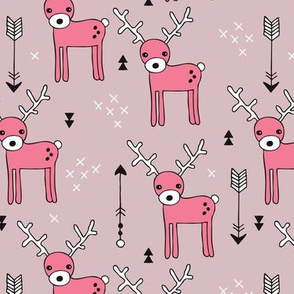 Cute winter reindeer christmas theme illustration with geometric arrows and triangles in pink