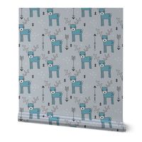 Cute winter reindeer christmas theme illustration with geometric arrows and triangles in soft blue