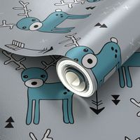 Cute winter reindeer christmas theme illustration with geometric arrows and triangles in soft blue