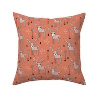 Cute winter reindeer christmas theme illustration with geometric arrows and triangles in rusty orange