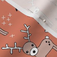 Cute winter reindeer christmas theme illustration with geometric arrows and triangles in rusty orange