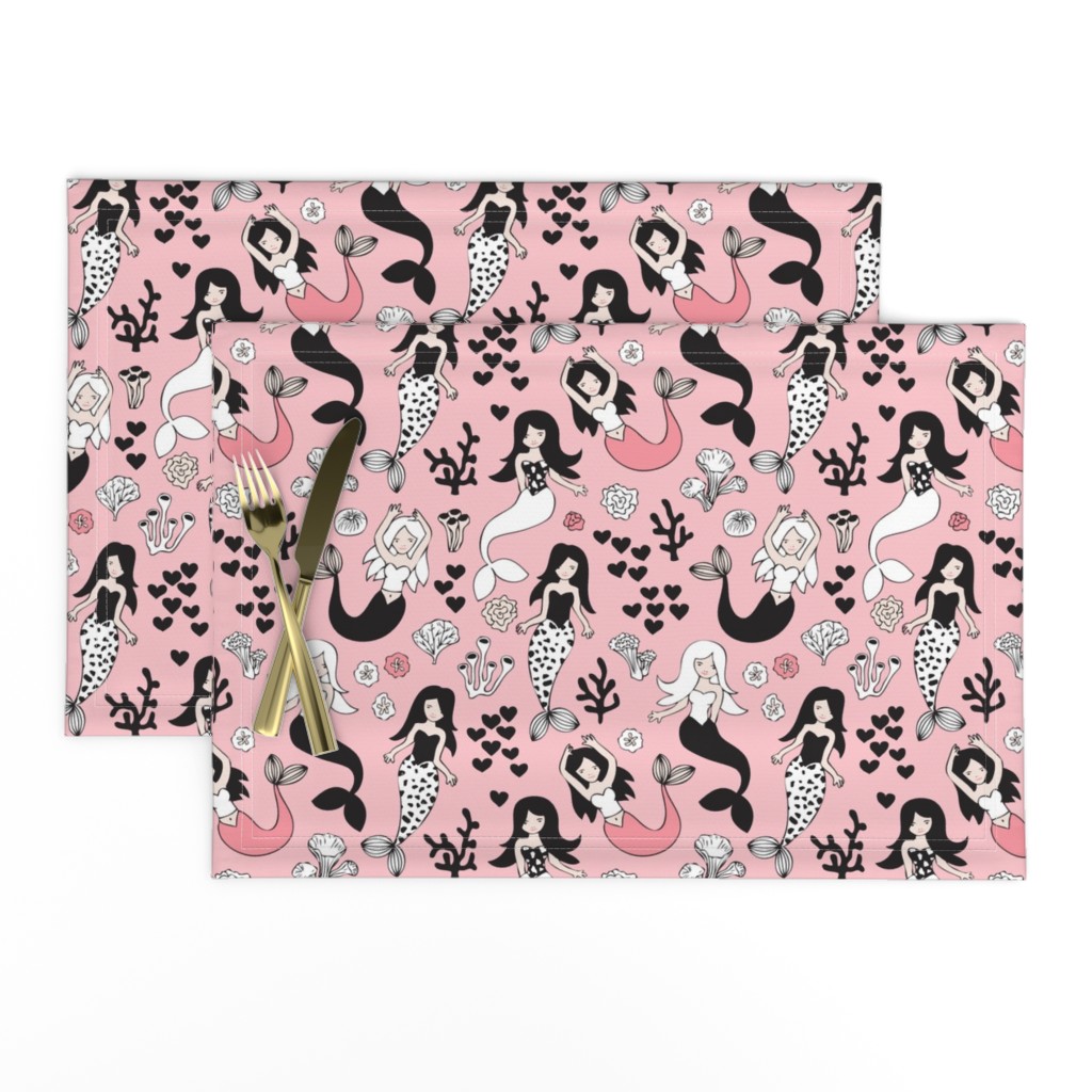 Sweet little mermaid girls theme with deep sea ocean coral illustration details in pink black and white