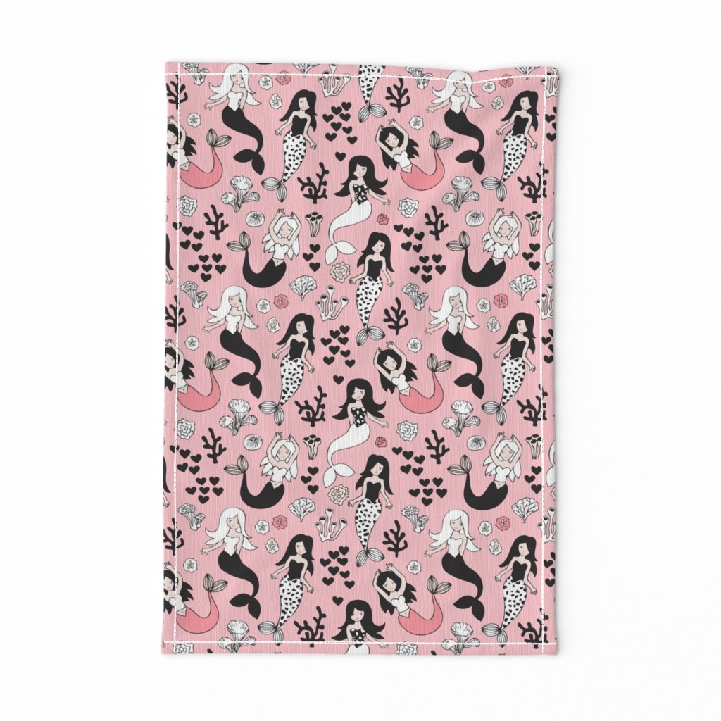 Sweet little mermaid girls theme with deep sea ocean coral illustration details in pink black and white