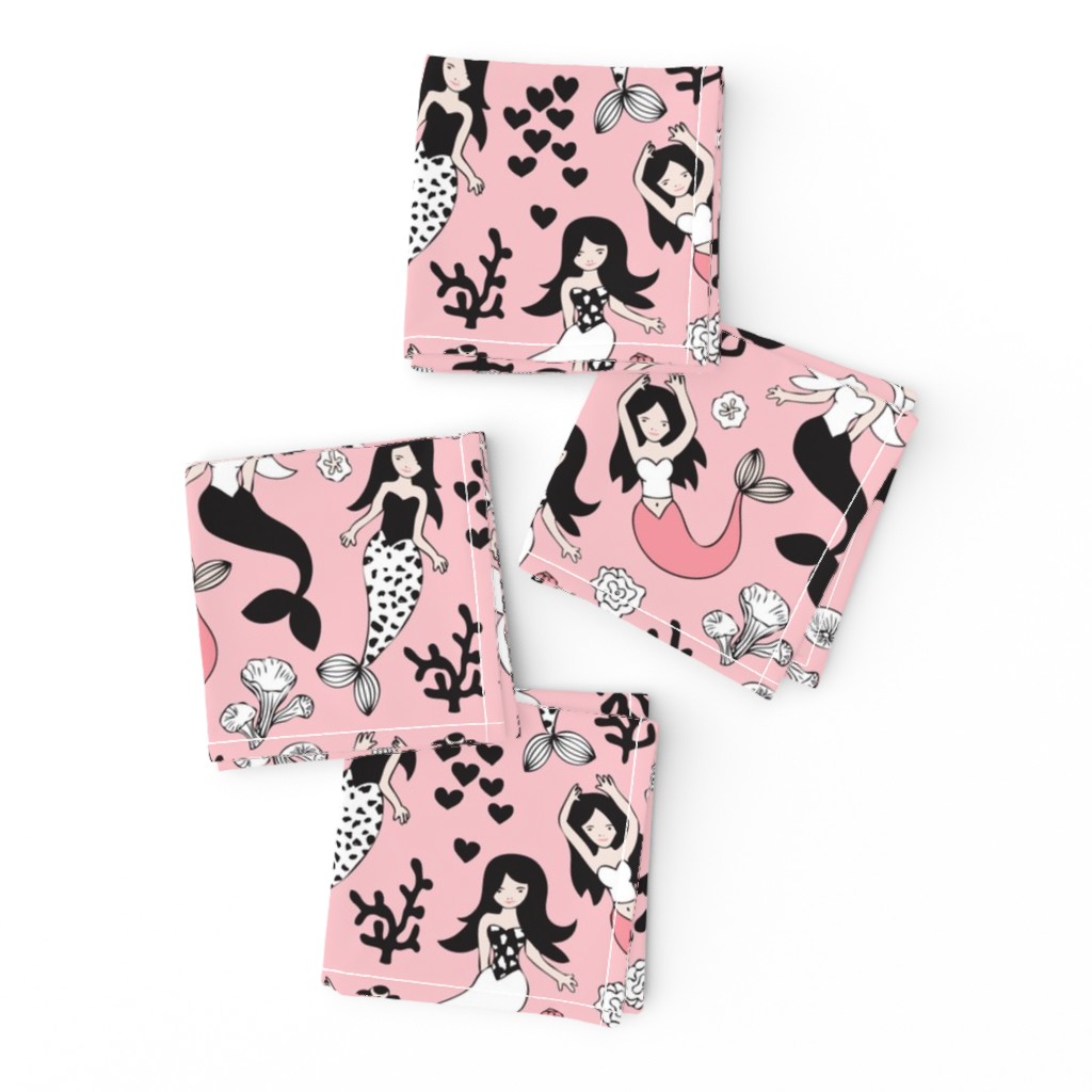 Sweet little mermaid girls theme with deep sea ocean coral illustration details in pink black and white