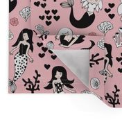 Sweet little mermaid girls theme with deep sea ocean coral illustration details in pink black and white