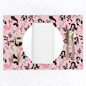 Sweet little mermaid girls theme with deep sea ocean coral illustration details in pink black and white