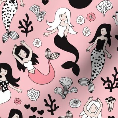 Sweet little mermaid girls theme with deep sea ocean coral illustration details in pink black and white