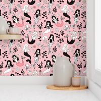 Sweet little mermaid girls theme with deep sea ocean coral illustration details in pink black and white