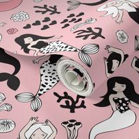 Sweet little mermaid girls theme with deep sea ocean coral illustration details in pink black and white