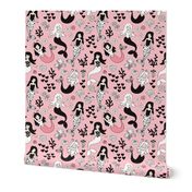 Sweet little mermaid girls theme with deep sea ocean coral illustration details in pink black and white