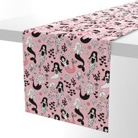 Sweet little mermaid girls theme with deep sea ocean coral illustration details in pink black and white