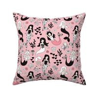 Sweet little mermaid girls theme with deep sea ocean coral illustration details in pink black and white