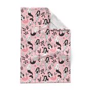 Sweet little mermaid girls theme with deep sea ocean coral illustration details in pink black and white