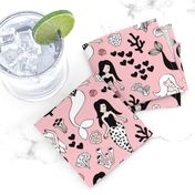 Sweet little mermaid girls theme with deep sea ocean coral illustration details in pink black and white