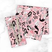 Sweet little mermaid girls theme with deep sea ocean coral illustration details in pink black and white