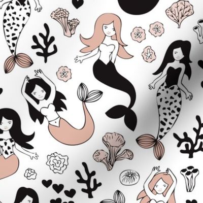 Sweet little mermaid girls theme with deep sea ocean coral illustration details in beige black and white