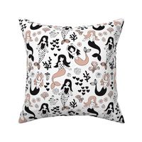 Sweet little mermaid girls theme with deep sea ocean coral illustration details in beige black and white