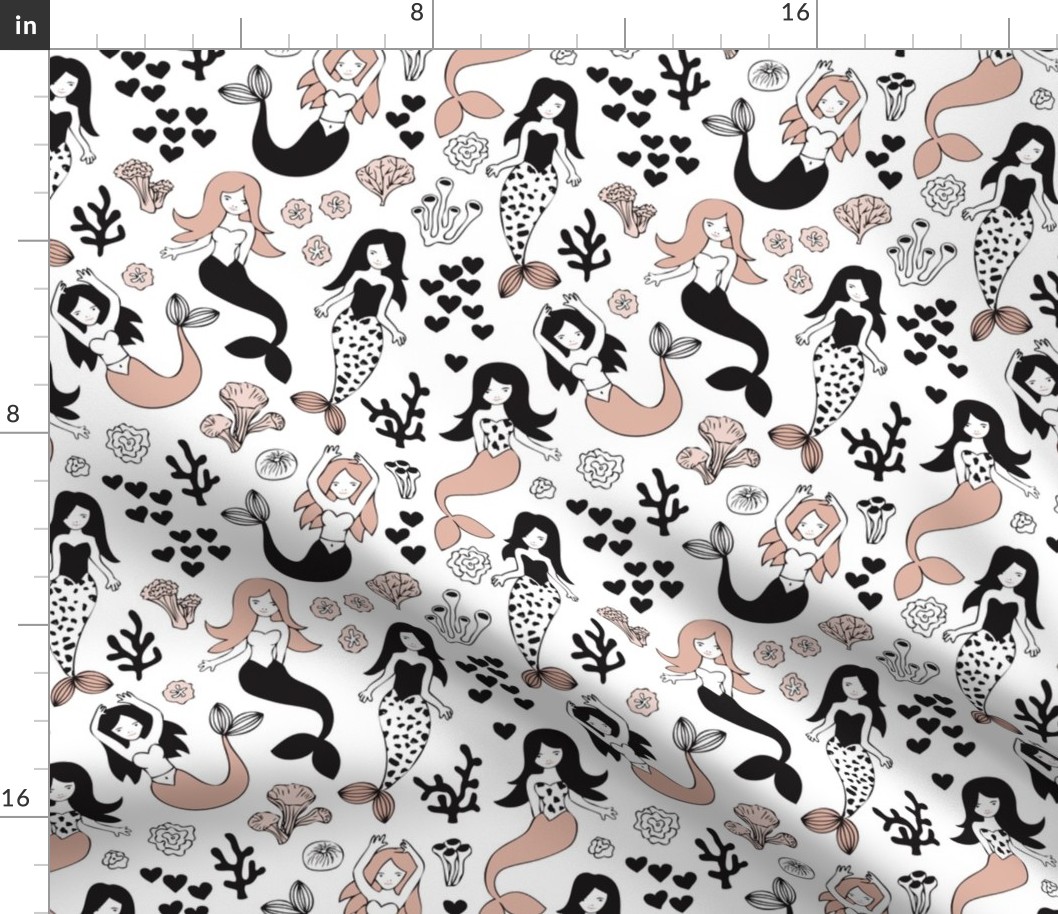 Sweet little mermaid girls theme with deep sea ocean coral illustration details in beige black and white