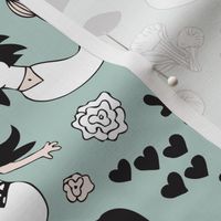 Sweet little mermaid girls theme with deep sea ocean coral illustration details in green black and white