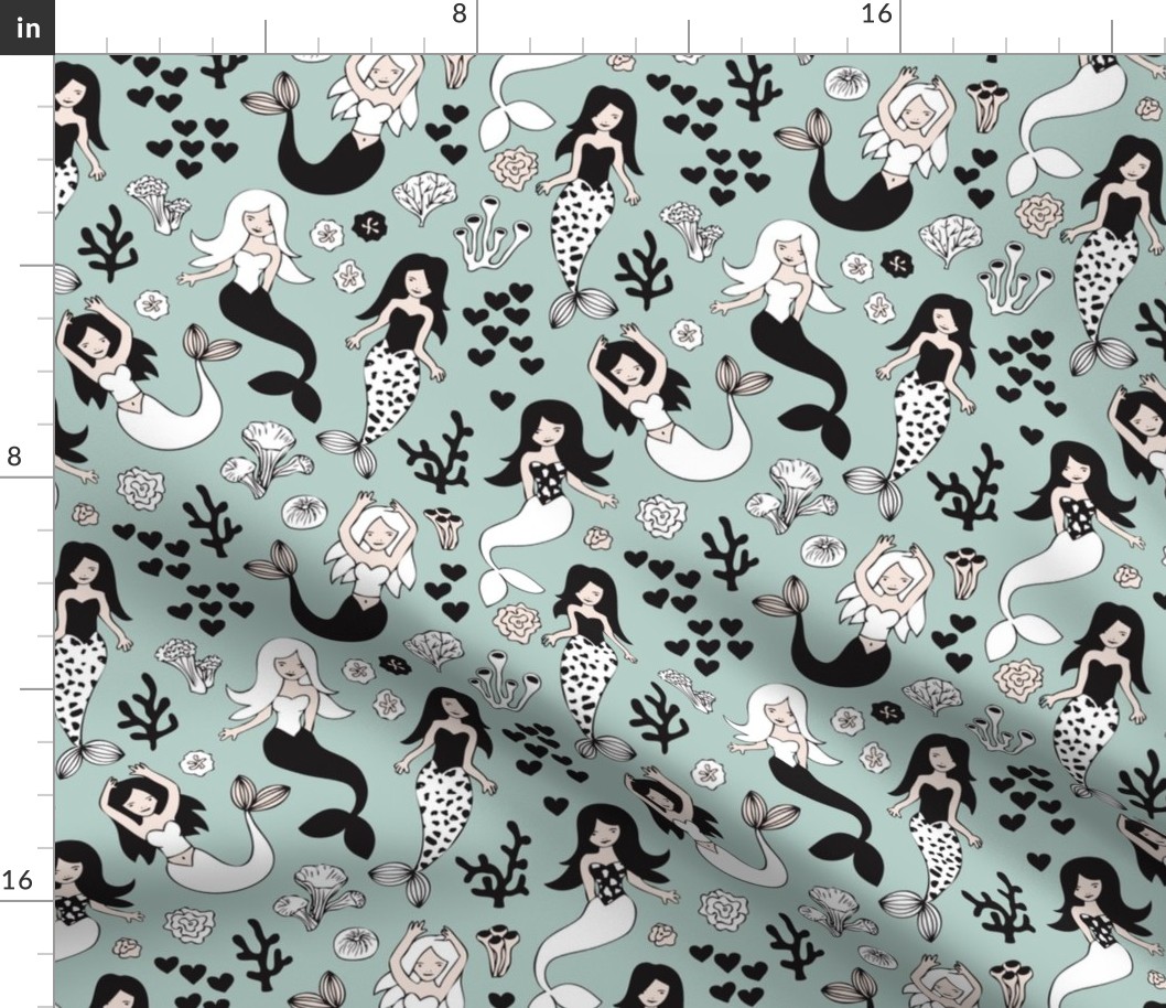 Sweet little mermaid girls theme with deep sea ocean coral illustration details in green black and white