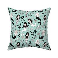 Sweet little mermaid girls theme with deep sea ocean coral illustration details in mint black and white