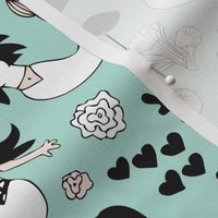 Sweet little mermaid girls theme with deep sea ocean coral illustration details in mint black and white