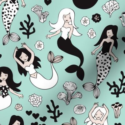 Sweet little mermaid girls theme with deep sea ocean coral illustration details in mint black and white