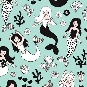 Sweet little mermaid girls theme with deep sea ocean coral illustration details in mint black and white