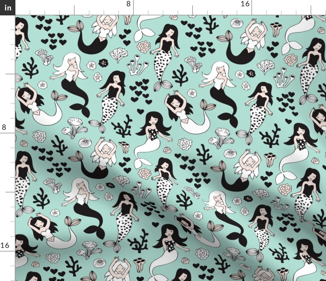 Sweet little mermaid girls theme with deep sea ocean coral illustration details in mint black and white