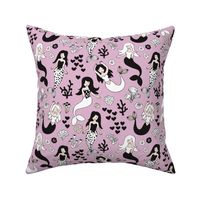 Sweet little mermaid girls theme with deep sea ocean coral illustration details in violet black and white