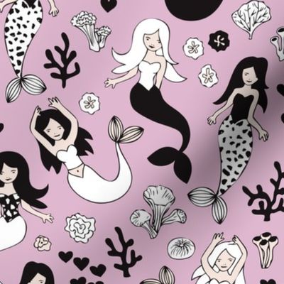 Sweet little mermaid girls theme with deep sea ocean coral illustration details in violet black and white