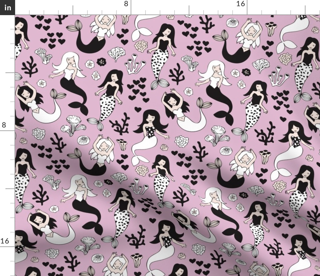 Sweet little mermaid girls theme with deep sea ocean coral illustration details in violet black and white