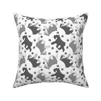 Trotting Miniature Schnauzers and paw prints - white