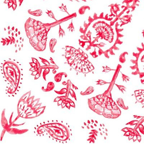 Bohemian India Print in Red Watercolor + White Linen