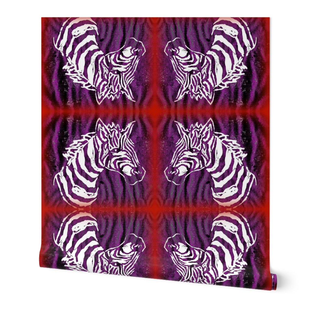 Block print of purple white African Zebra on purple/black/red: mirror image