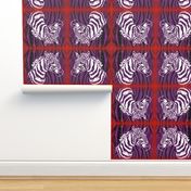 Block print of purple white African Zebra on purple/black/red: mirror image