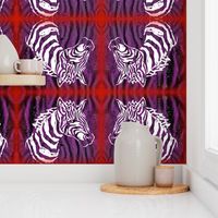 Block print of purple white African Zebra on purple/black/red: mirror image