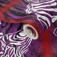 Block print of purple white African Zebra on purple/black/red: mirror image