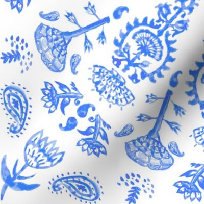 Bohemian India Print in Blue Chinoiserie Watercolor + White Linen